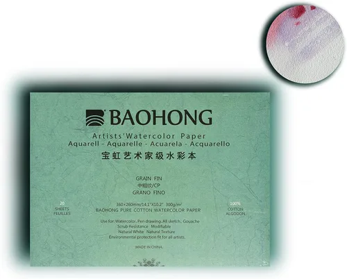 Miniatura 9 de BAOHONG Bloque de papel de acuarela para artistas (20 hojas, pegadas en cuatro bordes), 100% algodón, sin ácidos, 140 libras/300 GSM, suministros
