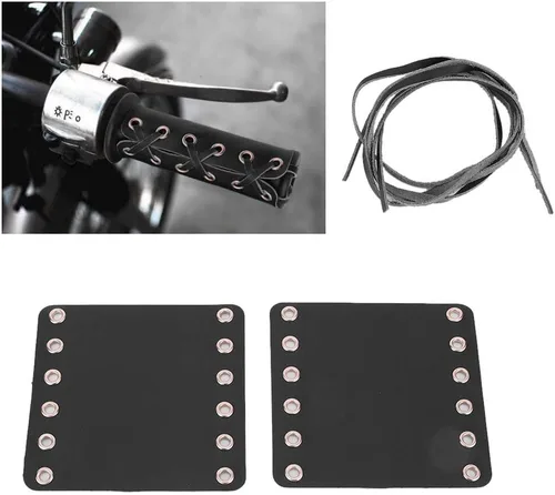 Miniatura 6 de Puños de manillar de motocicleta de cuero con calefacción 2 piezas con correa para la mayoría de motocicletas (negro)