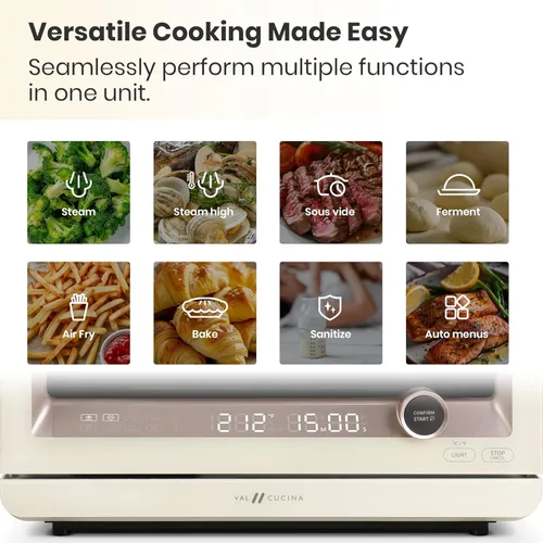 Miniatura 2 de VAL CUCINA Horno de Convección al Vapor 7 en 1 de Encimera con Freidora de Aire, Hornear, Sous Vide, Fermentar, Recetas Integradas