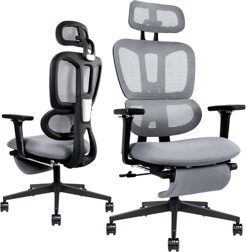 Miniatura 9 de Silla de oficina ergonómica de malla con reposapiés retráctil, silla de computadora con respaldo alto, soporte lumbar, reposabrazos y reposacabezas