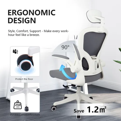 Miniatura 6 de Silla de escritorio ergonómica, soporte lumbar y reposacabezas 3D, silla de oficina en casa con respaldo de malla (gris)