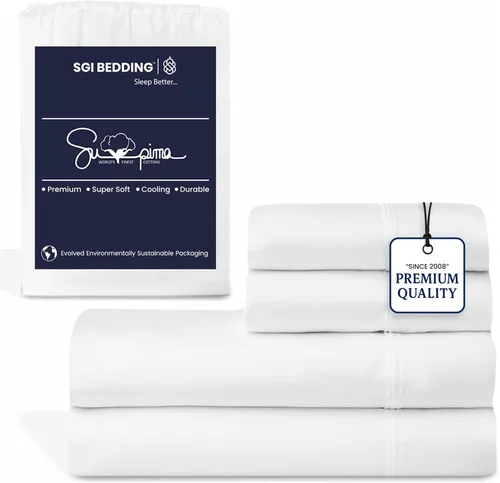 SGI - Juego de sábanas tamaño King 100% algodón Supima americano, tejido satinado de lujo, ultra suave, transpirable y duradero, juego de ropa de