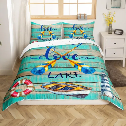 Miniatura 20 de Erosebridal Juego de ropa de cama individual con diseño de peces de lubina, la vida es mejor en el lago, funda de edredón para niños y niñas, funda