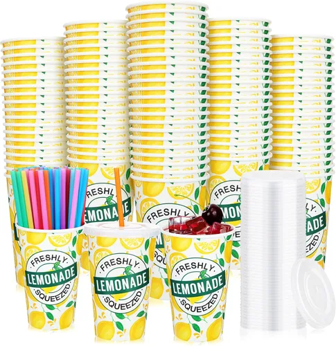 Meanplan 300 piezas/100 juegos de vasos de limonada con tapas y pajitas, vasos desechables para fiestas, tazas de papel de limón, suministros para