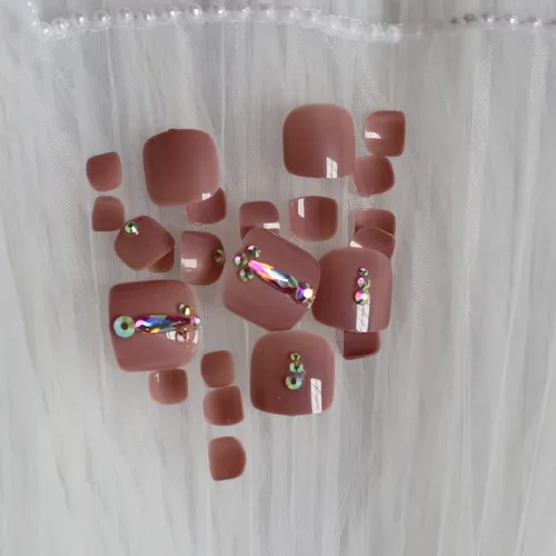 Miniatura 5 de 24 uñas de los pies a presión color caqui para los dedos de los pies, elegantes y exquisitas piedras brillantes, uñas postizas para novias, puntas