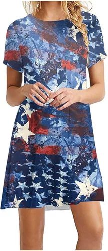 Ceboyel Vestidos patrióticos para mujer 2023 con estampado de estrellas y rayas, manga corta, vestido de camiseta para el 4 de julio, vestidos