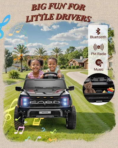 Miniatura 4 de First Ride On Juguetes de paseo de 24V para niños grandes, Ford F-150 Raptor con licencia de 2 asientos, auto de paseo para niños con control Negro