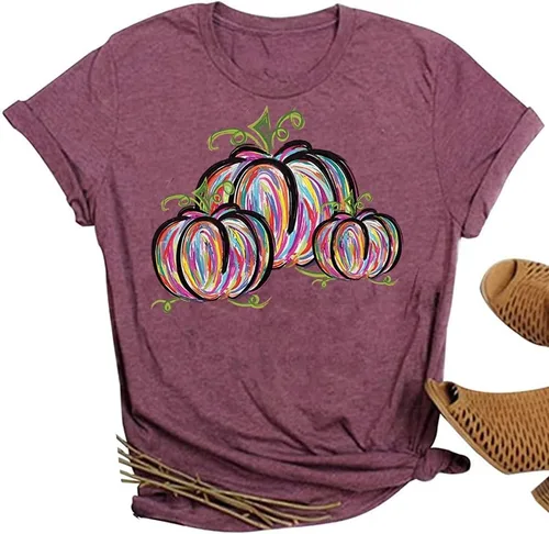 Miniatura 32 de Woffccrd - Camisetas divertidas con estampado de calabaza y leopardo para mujer, camisetas gráficas de manga corta de Halloween para mujer