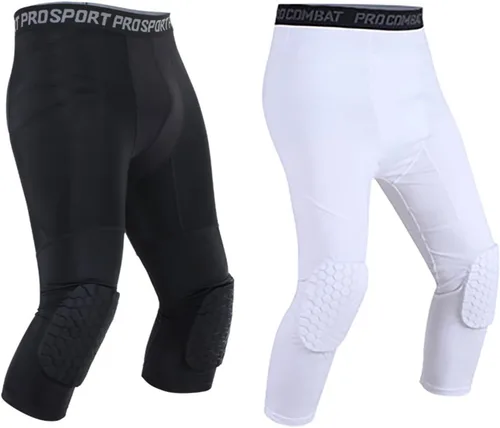 Paquete de 2 pantalones de baloncesto para hombre con rodilleras 3/4 capri acolchadas, mallas de compresión deportivas, capa base atlética