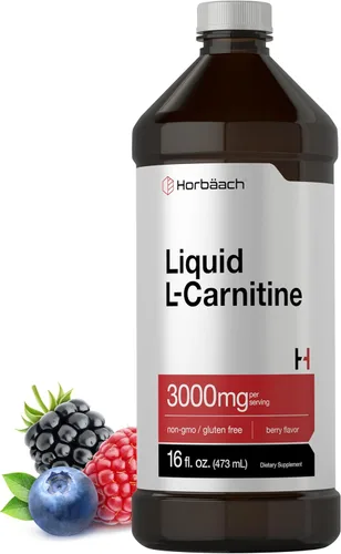 Horbäach L-Carnitina Líquido 3000 mg | 16 oz | Sabor a bayas | Suplemento de máxima fuerza | para hombres y mujeres | Vegetariano sin OMG y sin