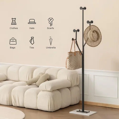 Miniatura 4 de JIAYUEJU Perchero de Pie Resistente de Metal en Forma de Árbol Independiente con Base de Mármol Sólida, Perchero de Esquina para Dormitorio, Negro