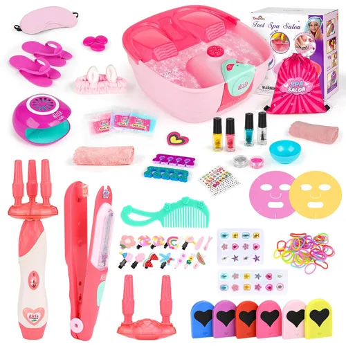 Dreamon Kit de uñas de spa para niños y herramientas de peinado – con máscara, baño de pies, sello de gemas, trenzado de pelo automático – Regalos