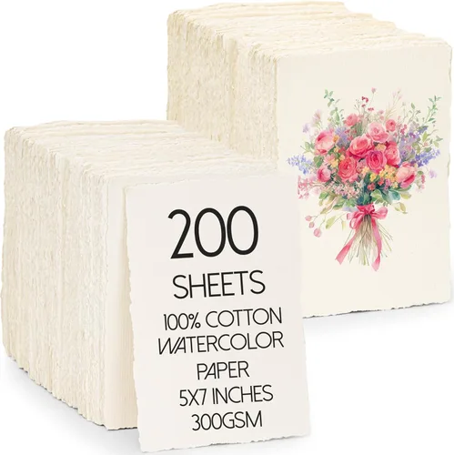 Oleitodh 200 hojas de papel de acuarela de algodón de 5 x 7 pulgadas, 140 lb/300 GSM, papel hecho a mano, cartulina para acuarela, papel texturizado