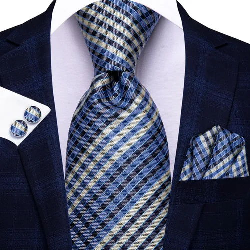 Miniatura 281 de Hi-Tie Corbata clásica de cachemira para hombre con pañuelo y gemelos a cuadros