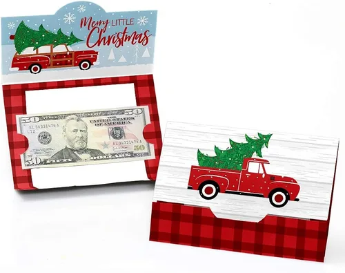 Miniatura 6 de Big Dot of Happiness Merry Little Christmas Tree – Juego de 8 portatarjetas de regalo y dinero para fiestas de Navidad para camión rojo y coche
