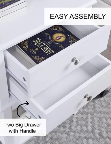 Miniatura 7 de Mesita de noche blanca con 2 cajones de 28 pulgadas de alto, moderna mesa auxiliar grande para sala de estar, mesas auxiliares de cama de madera
