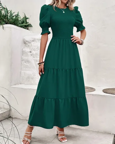 Miniatura 159 de BTFBM Vestidos para mujer, cuello redondo, casual, de verano, con volantes, manga corta, bohemio, con niveles, fruncido, largo, con estampado floral