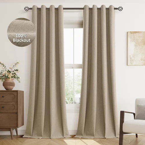 Miniatura 19 de Cream Linen Blackout Curtains 90 Length 2 Panels Set for Living Room Bedroom, 100% Black Out Thermal Insulated Linen Drapes, Room Darkening Grommet