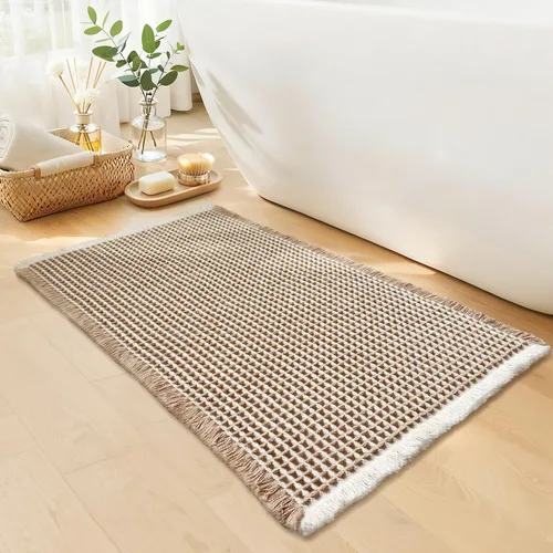 Miniatura 15 de Tapete de baño estilo gofre, tapete de baño bohemio, antideslizante, lavable, súper absorbente y de secado rápido, tapetes de baño pequeños, Caqui