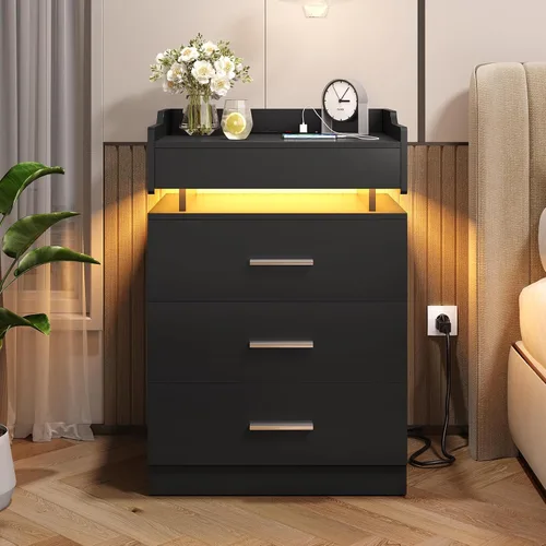 BTHFST Mesita de noche grande con estación de carga y luces LED, mesita de noche negra con 3 cajones y 1 bandeja extraíble, mesa auxiliar con