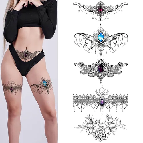 Roarhowl Tatuajes de encaje, juego de tatuajes temporales sexy grande, tatuajes temporales para mujeres, vientre, espalda, cintura, muslo, arte
