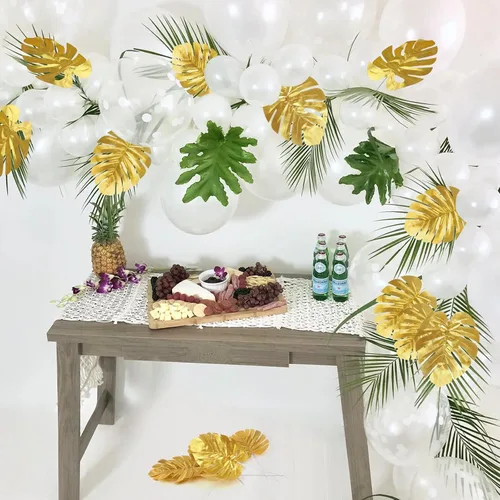 Miniatura 6 de CCINEE 24 piezas de hojas de palma artificiales doradas, 3 tamaños, hojas falsas de Monstera, simulación de hojas de safari con tallos