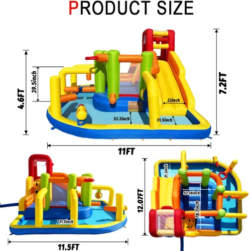 Miniatura 6 de Umbalir Casa inflable de rebote de obstáculos, parque acuático para niños con toboganes de agua, cubo de descarga sorpresa, obstáculos, salto
