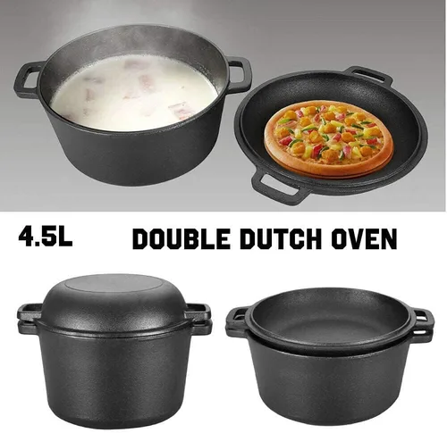 Miniatura 6 de Hornos holandeses, 2 en 1, horno holandés doble sazonado de hierro fundido, sartén de hierro fundido, utensilios de cocina combinados para cocina