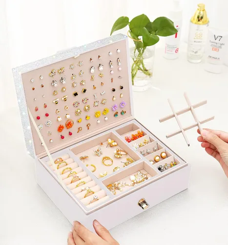 Miniatura 5 de QBestry Organizador de aretes de tuerca para niñas, caja organizadora de joyas, caja de aretes para niñas, caja de joyería para niñas, organizador