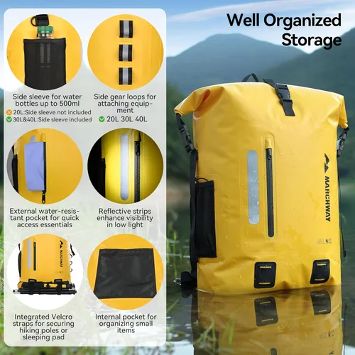 Miniatura 2 de MARCHWAY Mochila impermeable con parte superior enrollable, bolsa seca flotante de 20L/30L/45L con base rectangular ergonómica, espalda acolchada