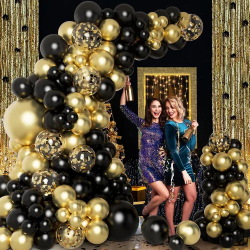 Miniatura 2 de DBKL Kit de arco de guirnalda de globos negros y dorados con globos de confeti negro y dorado para decoraciones de Año Nuevo, suministros de fiesta
