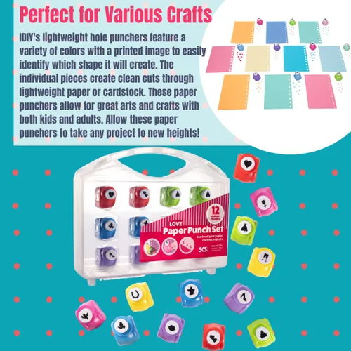 Miniatura 3 de Taladros de papel con temática de amor para álbumes de recortes, 12 diseños diferentes con funda de transporte, haz tus notas de amor, tarjetas