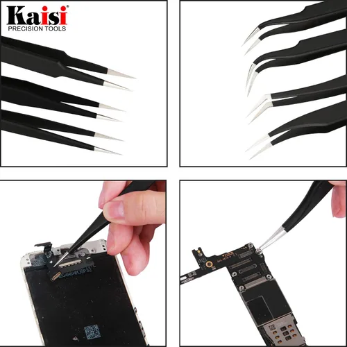 Miniatura 6 de Kaisi Juego de 14 pinzas de precisión, juego de pinzas ESD, juego de pinzas antiestáticas de acero inoxidable para manualidades, joyería