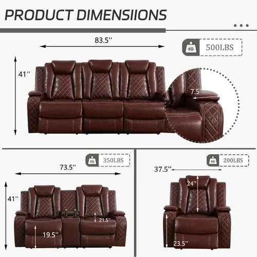 Miniatura 2 de Juego de sillón reclinable eléctrico con luces LED, juego reclinable de cuero sintético con puerto USB/cargador inalámbrico/consola de Borgoña