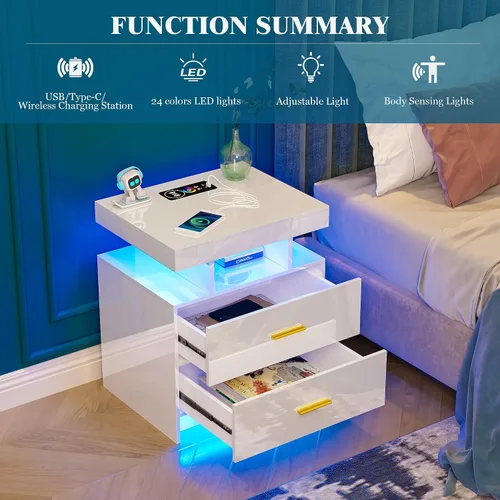 Miniatura 8 de WOOVIVS Juego de 2 mesitas de noche con estación de carga USB/tipo C/inalámbrica, mesitas de noche blancas con luces LED RGB automáticas, juego de 2
