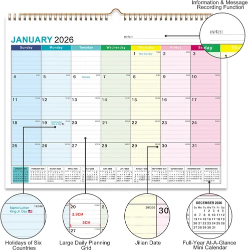 Miniatura 2 de Kyweel Calendario de pared 2026-2027, enero 2026-junio 2027, 15 x 12 pulgadas, días festivos destacados, calendario de planificación, papel grueso