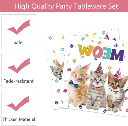 Miniatura 3 de 40 piezas de suministros para fiesta de cumpleaños de gatos, decoraciones de fiesta de cumpleaños para gatos, platos y servilletas, suministros