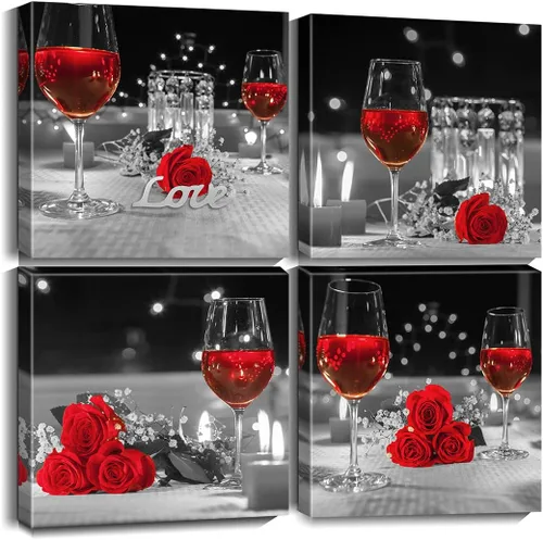 Biufo Lienzo de cocina, impresiones artísticas de pared con rosas de vino blanco y negro, pintura floral para comedor, restaurante, decoración de
