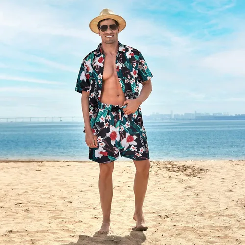 Miniatura 3 de Camisa hawaiana de 2 piezas para hombre, camisa de manga corta con botones