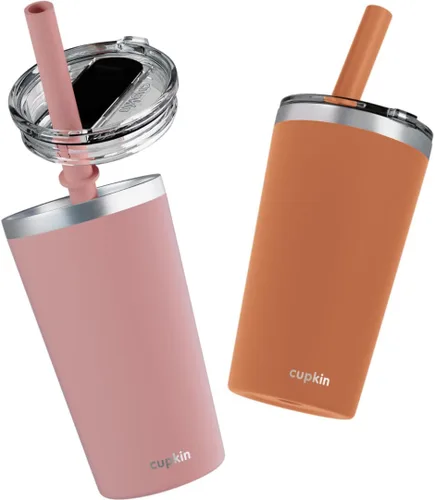 Miniatura 45 de CUPKIN - Taza apilable de acero inoxidable para niños, taza de batido, tazas aisladas con recubrimiento en polvo, tapa libre de BPA y pajilla de Rosa