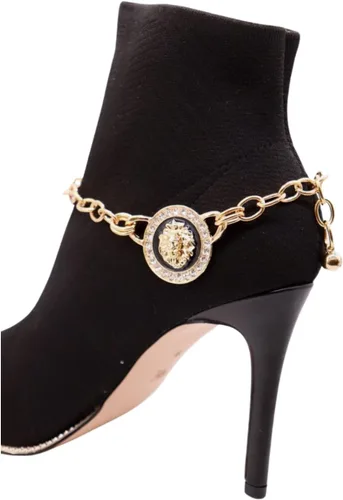 Trendy Fashion Jewelry Cadena de bota occidental para mujer, pulsera de metal dorado, tobillera de tacón alto, moneda de león, medallón con dije de