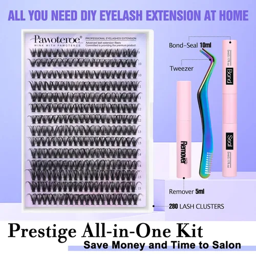 Miniatura 2 de Kit de extensión de pestañas Pawotence DIY 280 piezas, kit de racimos de pestañas individuales de 9-16mm, kit de extensión de pestañas en racimo