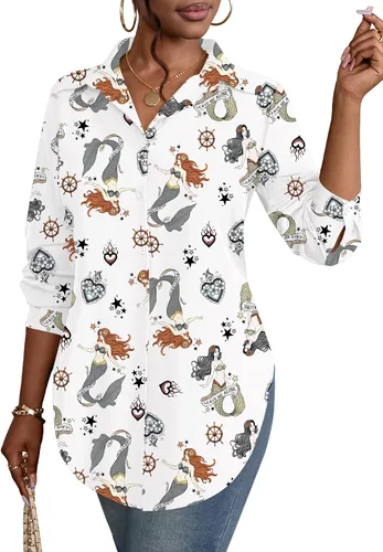 Miniatura 10 de Rooscier Blusa larga con cuello en V para mujer, manga larga, abertura lateral, con botones