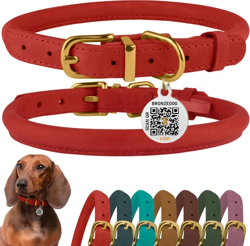 Miniatura 14 de Collar de cuero enrollado, redondo, suave y ajustable con placa de identificación por QR para perro pequeño, mediano y grande, cachorro y gato Rosa
