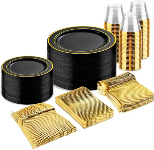 Miniatura 12 de bUCLA Juego de vajilla de plástico dorado desechable de 150 piezas, platos dorados resistentes que incluyen 25 platos de cena y 25 platos de postre