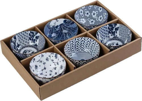 Miniatura 8 de Gegong Paquete de 6 cuencos de cerámica, cuencos de arroz de estilo japonés, cuencos de porcelana azul y blanca de 10 onzas, cuencos de cereales