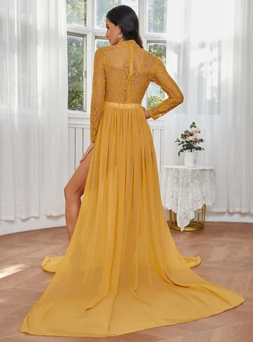 Miniatura 5 de ZIUMUDY Vestido de manga larga con encaje transparente para maternidad para fotografía con falda maxi de gasa para sesión de fotos