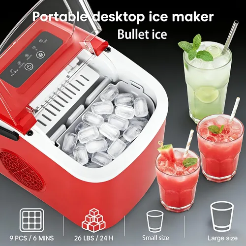 Miniatura 2 de Máquina de hielo para encimera con asa, pequeña máquina de hielo portátil autolimpiante con cesta y cuchara, 26 libras/24 horas, 9 cubitos de hielo