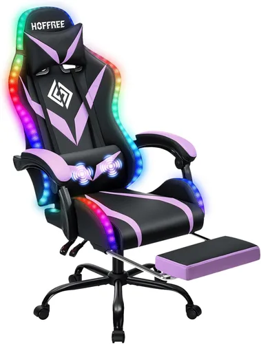 Silla de juegos RGB con masaje y luces LED, silla de computadora ergonómica con reposapiés, silla reclinable de respaldo alto para videojuegos para