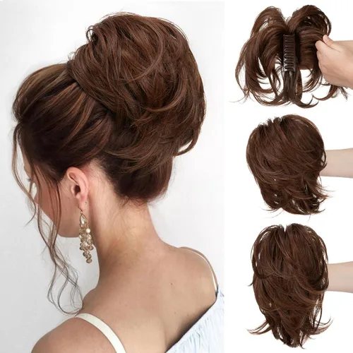 Miniatura 30 de CJL HAIR - Extensiones de cabello con pinza de garra para cola de caballo corta, trenza desordenada, sintéticas, maleables, para mujeres, cabello
